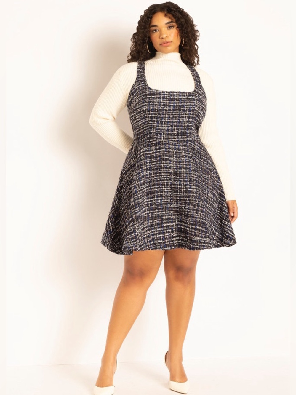 NWT ELOQUII Flare Tweed Mini Jumper Dress Blue Black White 16 Preppy Academia